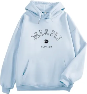 Bobeutou Oversized Letter Graphic Print Hoodies for Women Miami Florida Sweatshirt Preppy Trendy Fleece Pocket Pullover Top