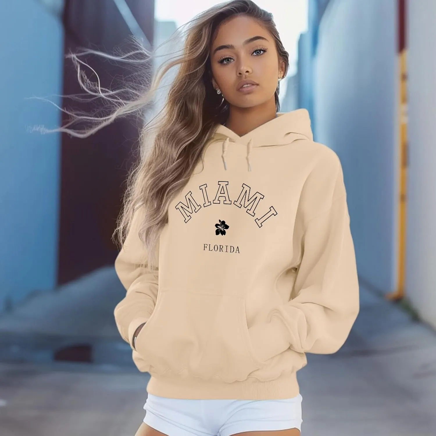 Bobeutou Oversized Letter Graphic Print Hoodies for Women Miami Florida Sweatshirt Preppy Trendy Fleece Pocket Pullover Top