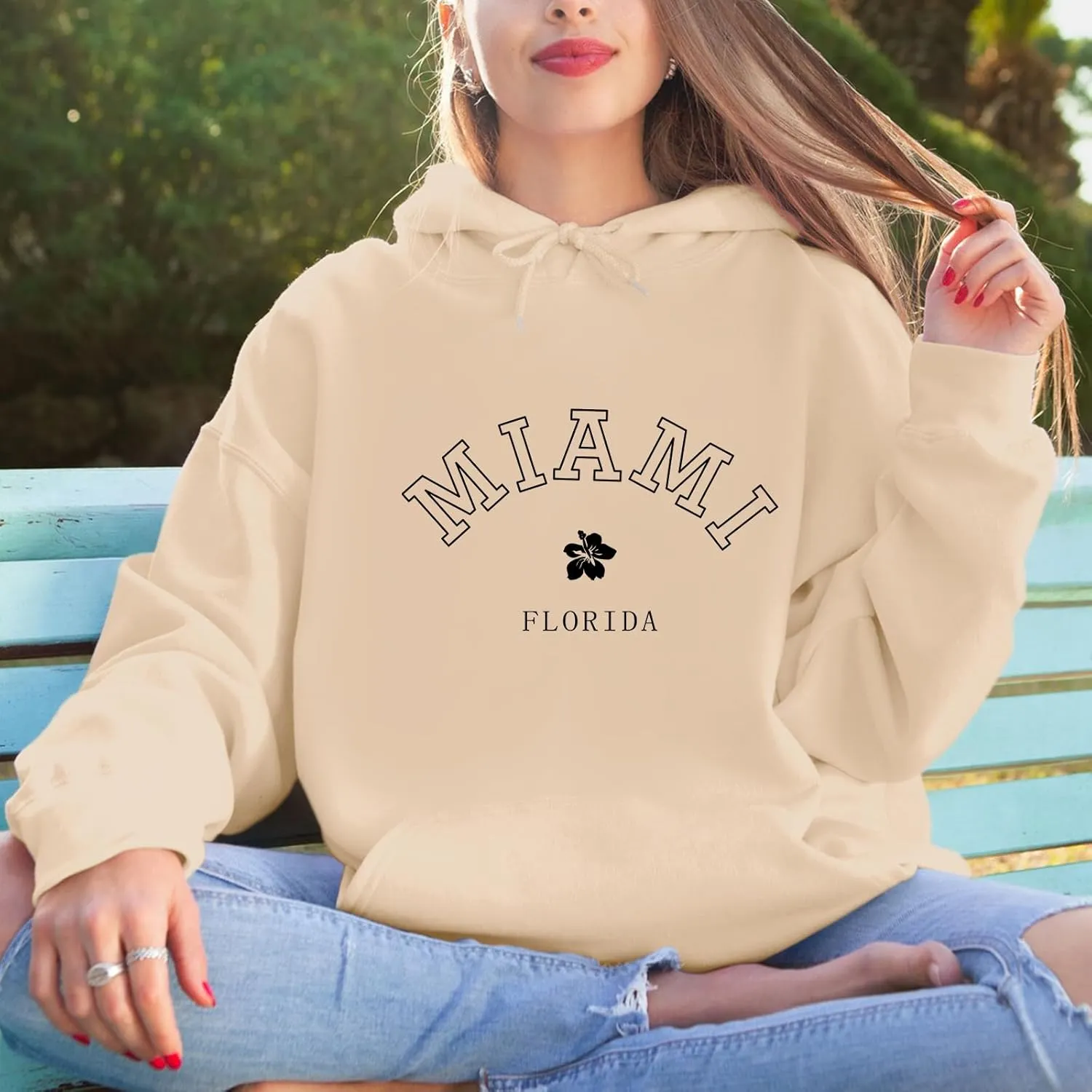 Bobeutou Oversized Letter Graphic Print Hoodies for Women Miami Florida Sweatshirt Preppy Trendy Fleece Pocket Pullover Top