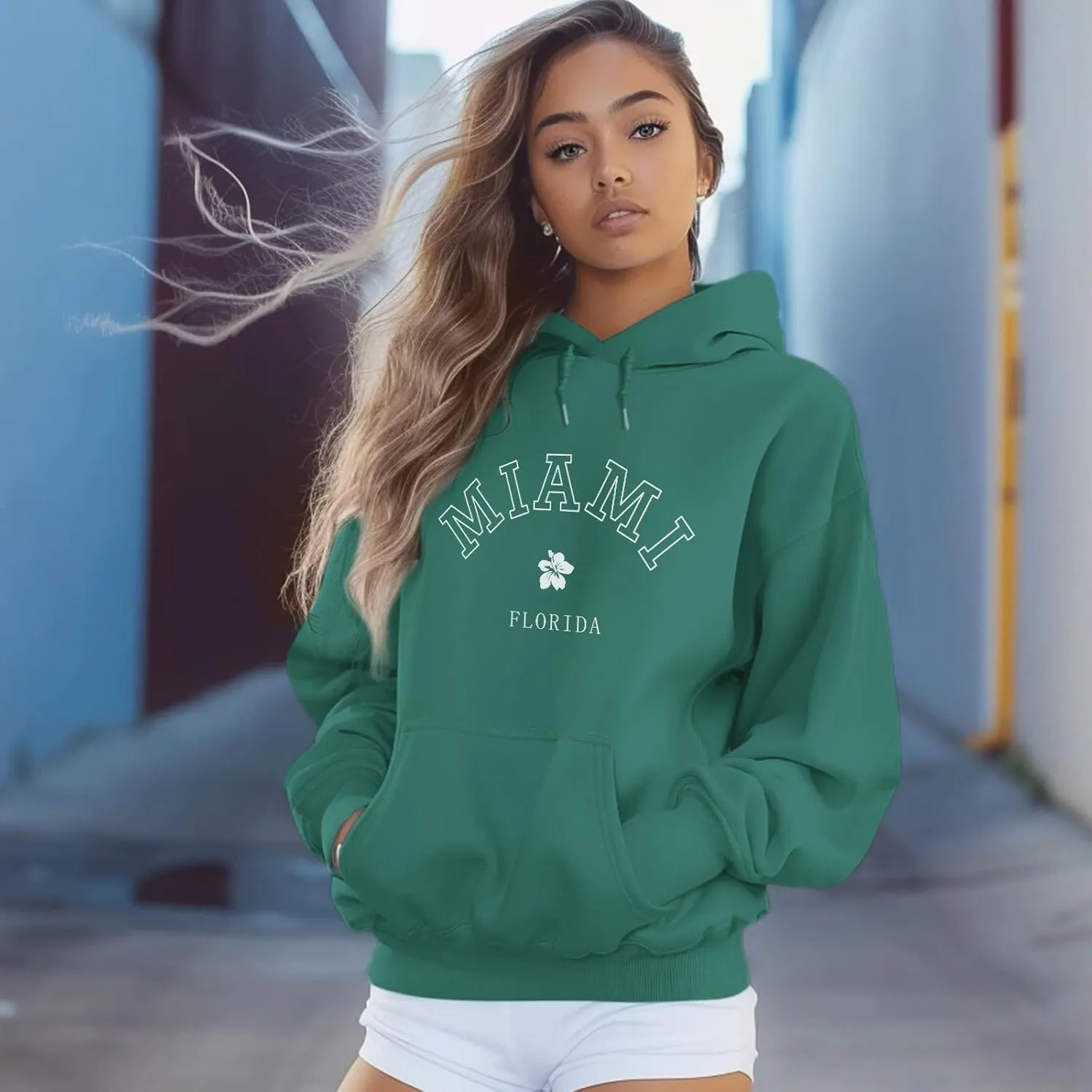 Bobeutou Oversized Letter Graphic Print Hoodies for Women Miami Florida Sweatshirt Preppy Trendy Fleece Pocket Pullover Top