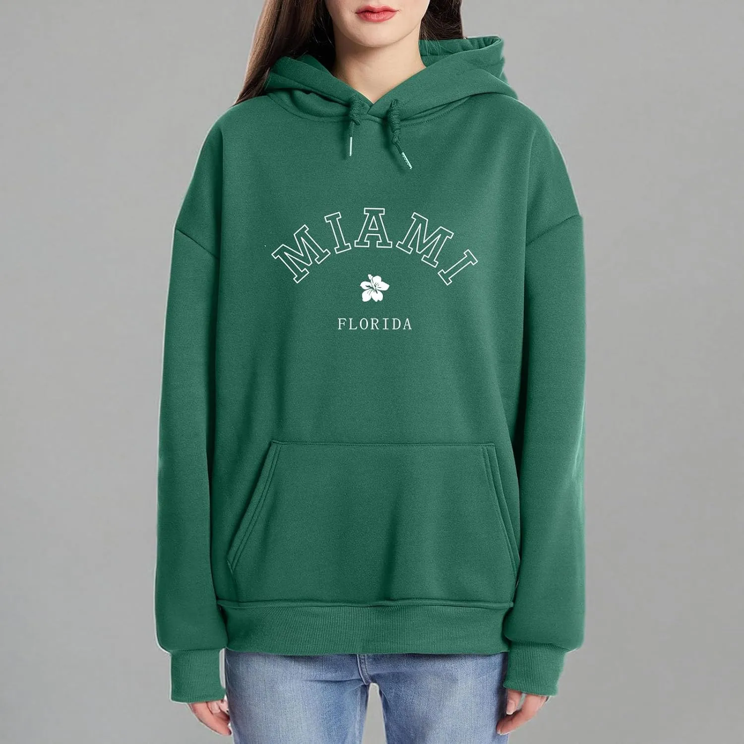 Bobeutou Oversized Letter Graphic Print Hoodies for Women Miami Florida Sweatshirt Preppy Trendy Fleece Pocket Pullover Top