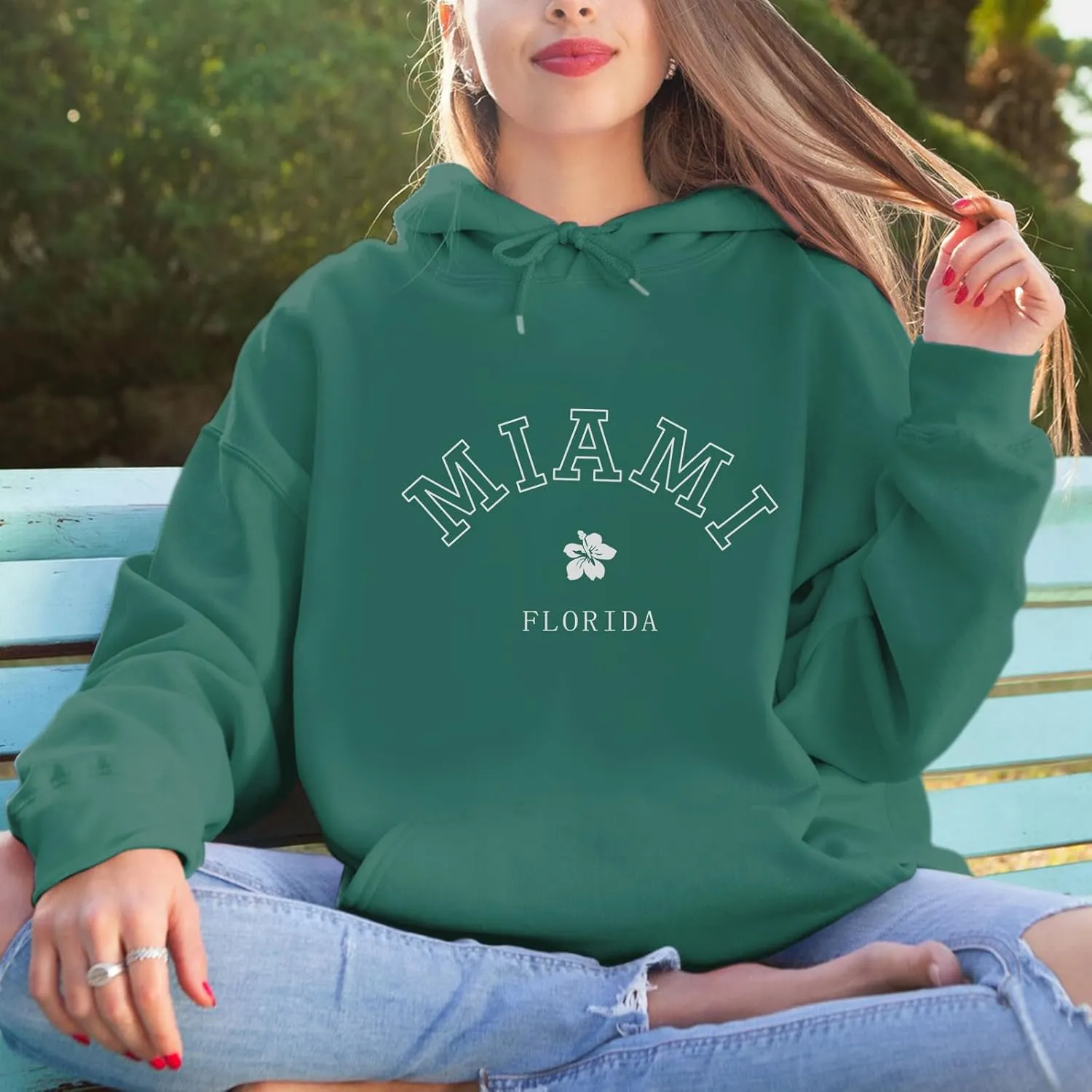 Bobeutou Oversized Letter Graphic Print Hoodies for Women Miami Florida Sweatshirt Preppy Trendy Fleece Pocket Pullover Top