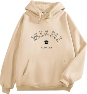 Bobeutou Oversized Letter Graphic Print Hoodies for Women Miami Florida Sweatshirt Preppy Trendy Fleece Pocket Pullover Top
