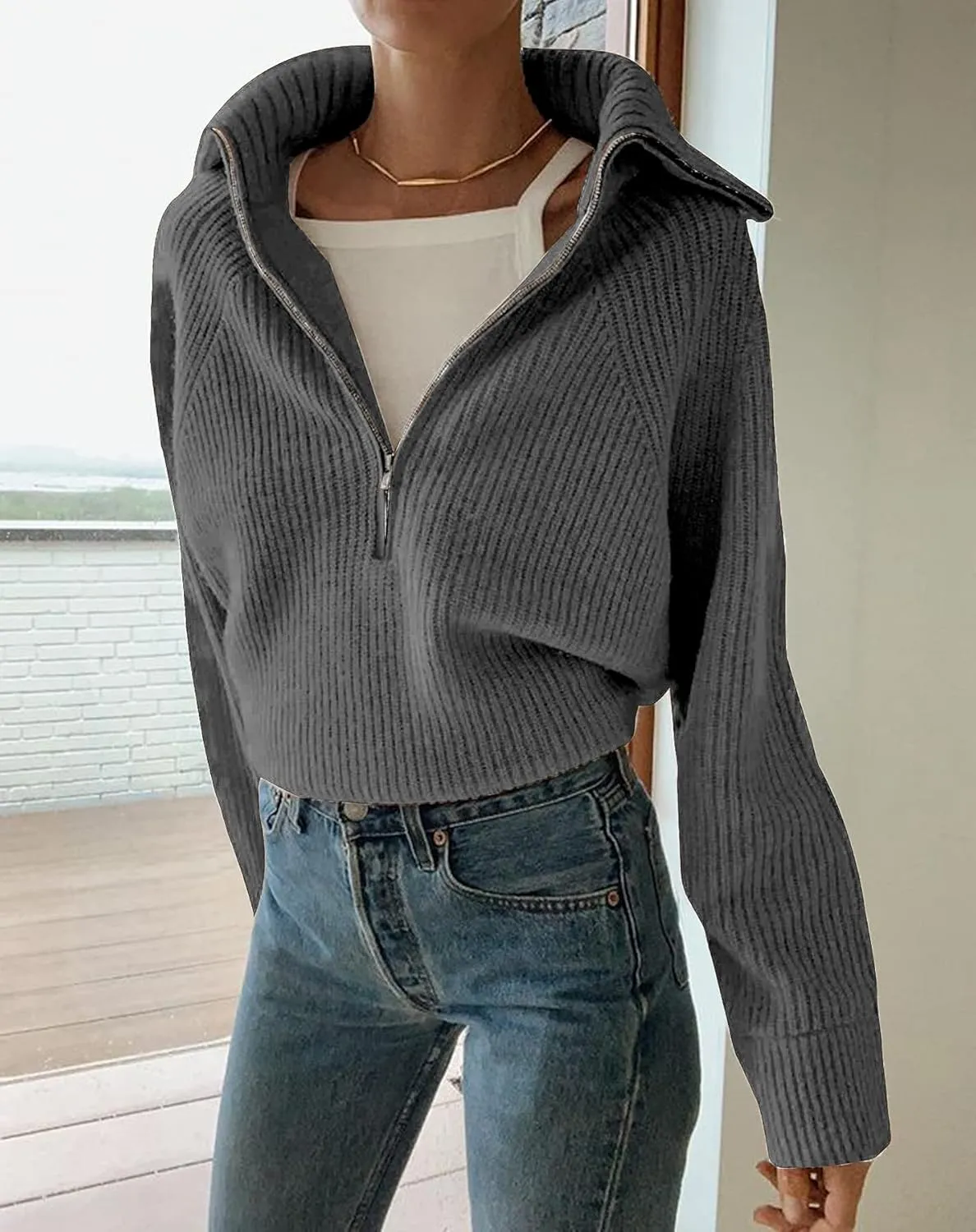 BTFBM Womens Casual Long Sleeve Half Zip Pullover Sweaters Solid V Neck Collar Ribbed Knitted Loose Slouchy Jumper Tops