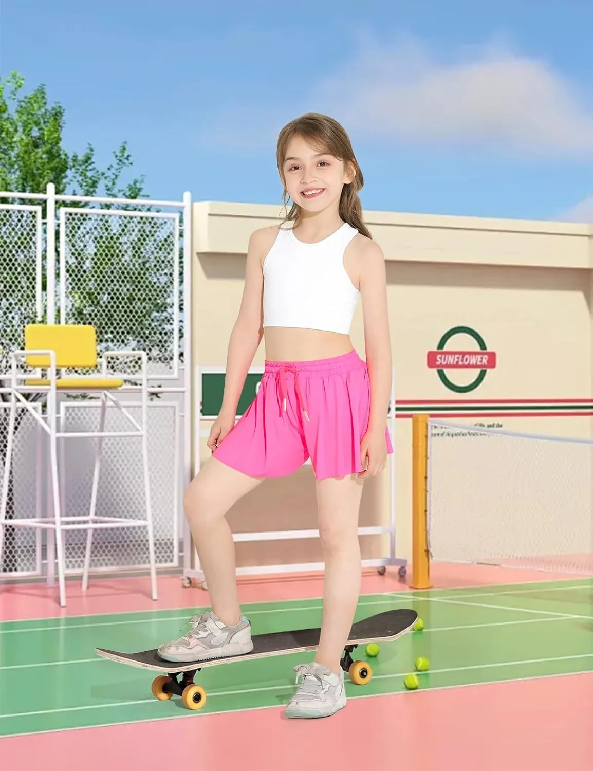 Butterfly Shorts Girls 2 in 1 Flowy Skorts with Pocket Athletic Running Tennis Skirts 3-14Y