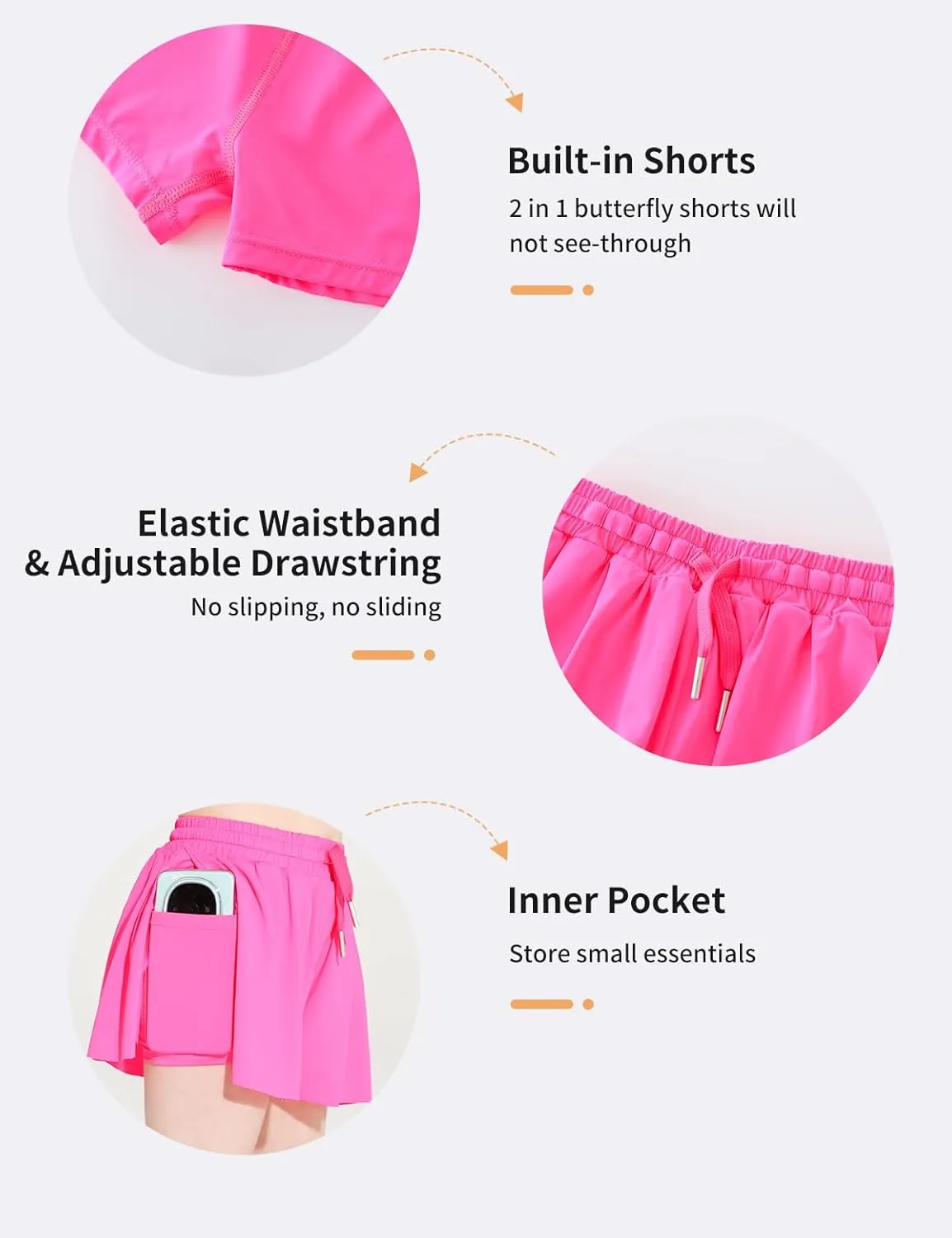 Butterfly Shorts Girls 2 in 1 Flowy Skorts with Pocket Athletic Running Tennis Skirts 3-14Y