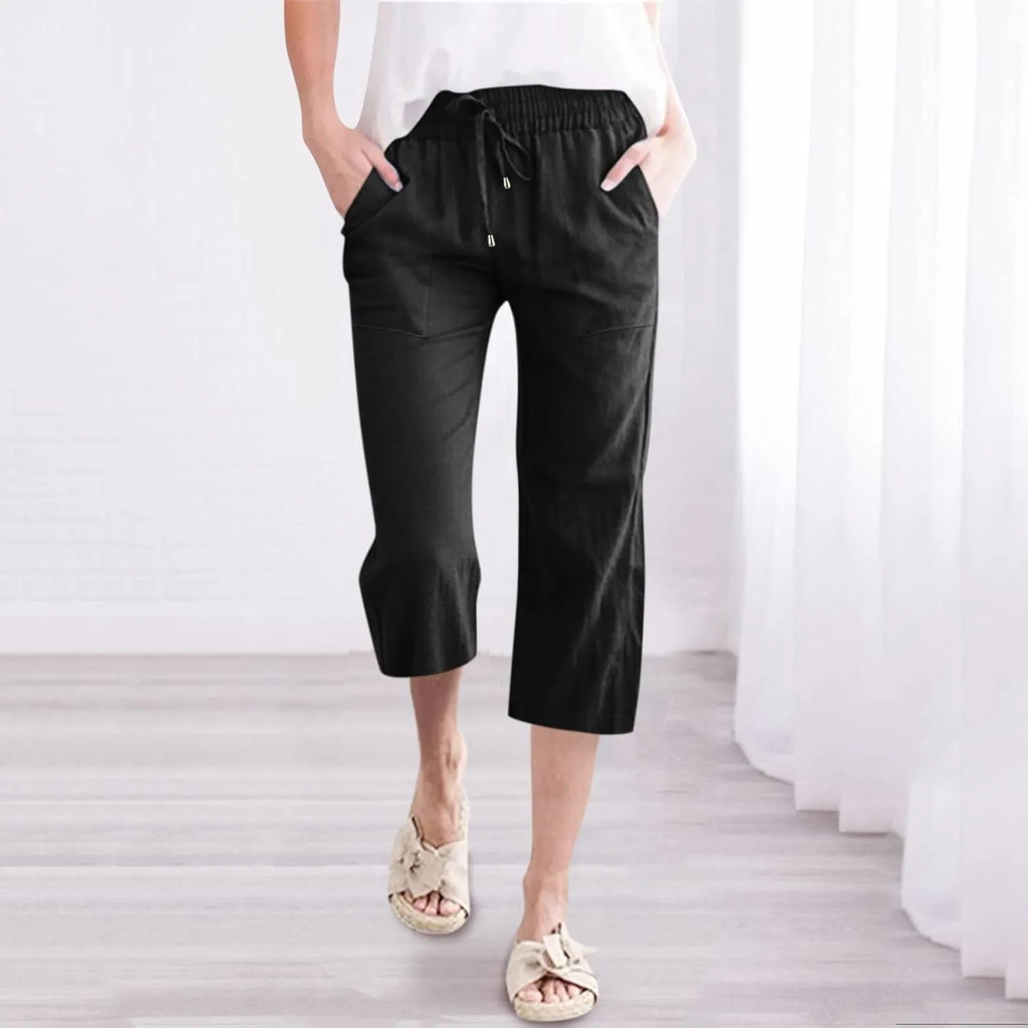Capri Pants For Women Stretch Pull On 2024 Drawstring Elastic High Waist Linen Pants Straight Leg Cropped Trousers