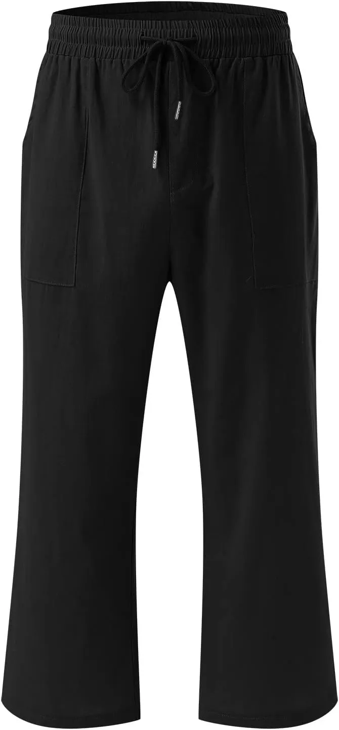 Capri Pants For Women Stretch Pull On 2024 Drawstring Elastic High Waist Linen Pants Straight Leg Cropped Trousers