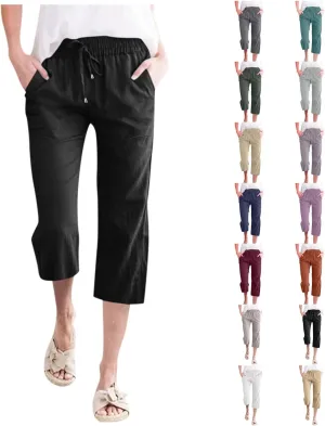 Capri Pants For Women Stretch Pull On 2024 Drawstring Elastic High Waist Linen Pants Straight Leg Cropped Trousers
