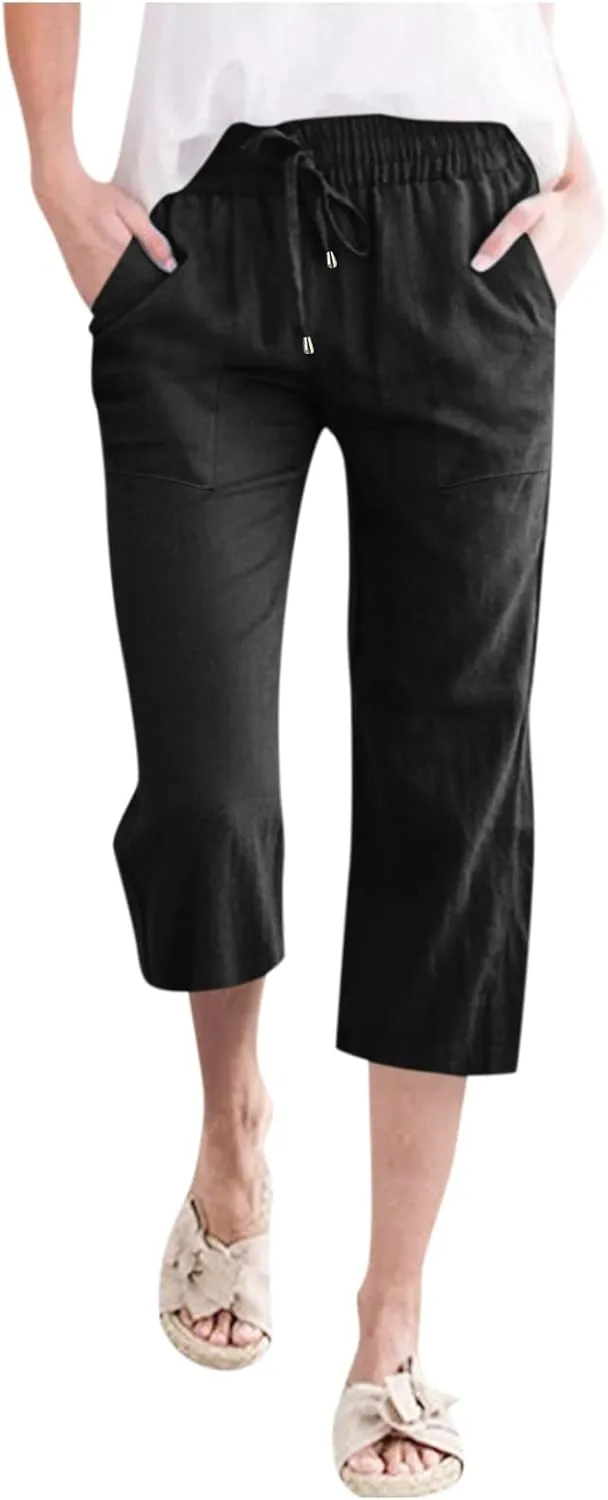 Capri Pants For Women Stretch Pull On 2024 Drawstring Elastic High Waist Linen Pants Straight Leg Cropped Trousers