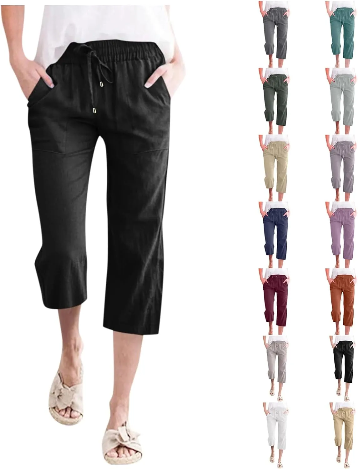 Capri Pants For Women Stretch Pull On 2024 Drawstring Elastic High Waist Linen Pants Straight Leg Cropped Trousers