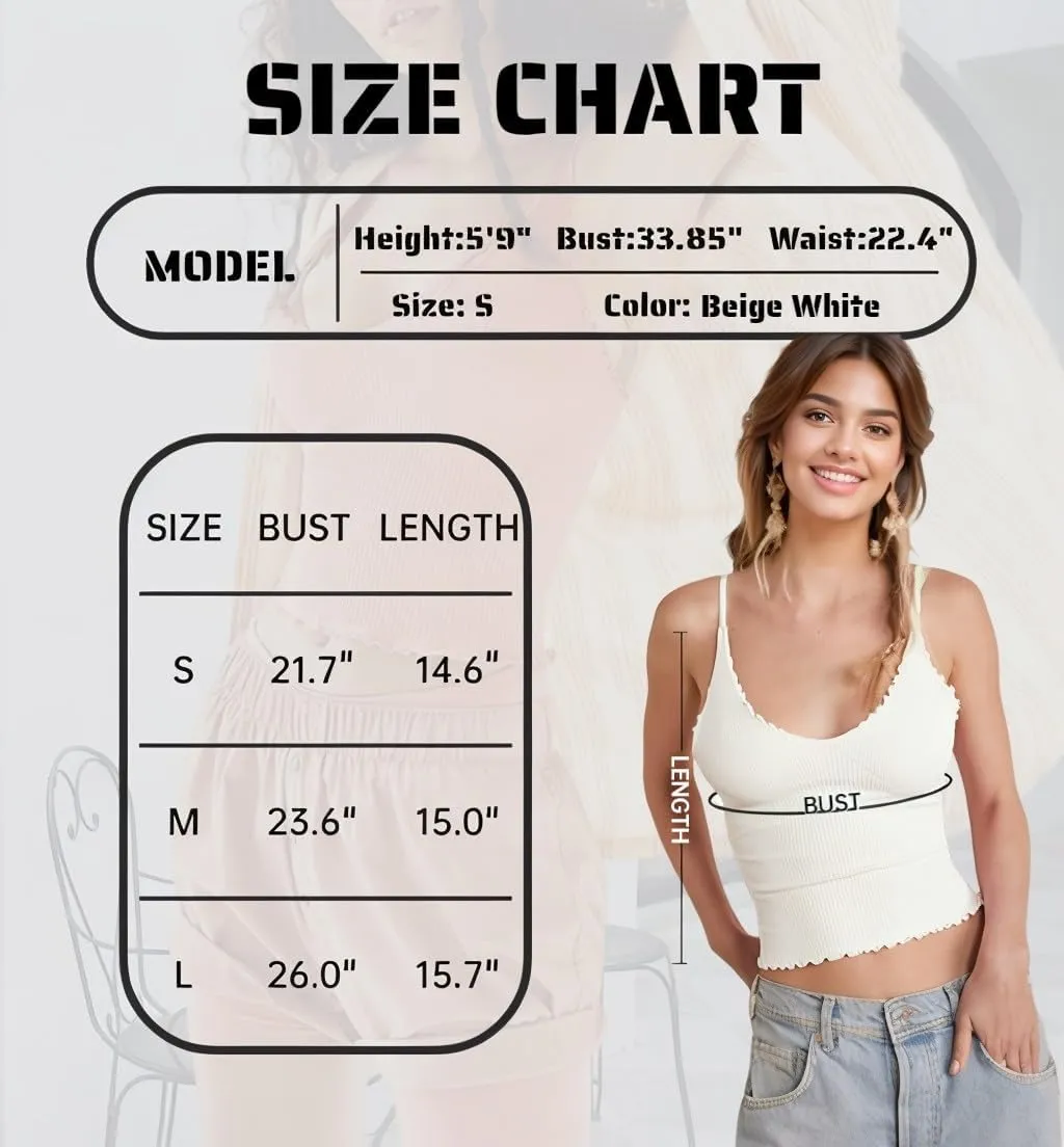 Carpetcom Women Camisole Seamless Adjustable Spaghetti Strap V Neck Ribbed Tank Crop Tops Backless Ruffle Sleeveless Cami