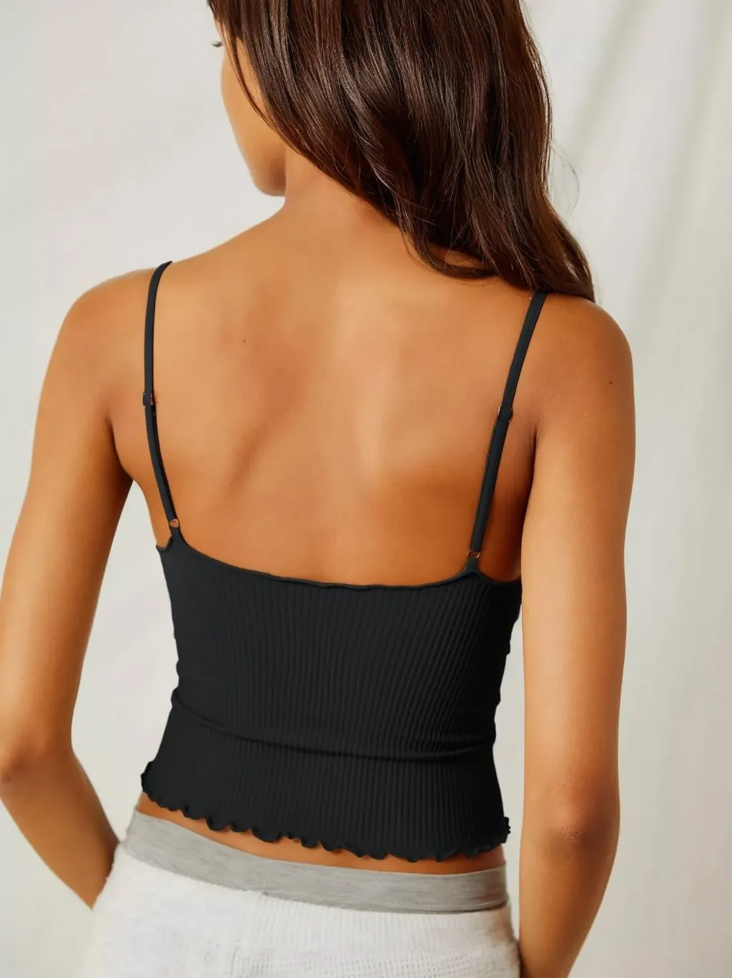 Carpetcom Women Camisole Seamless Adjustable Spaghetti Strap V Neck Ribbed Tank Crop Tops Backless Ruffle Sleeveless Cami