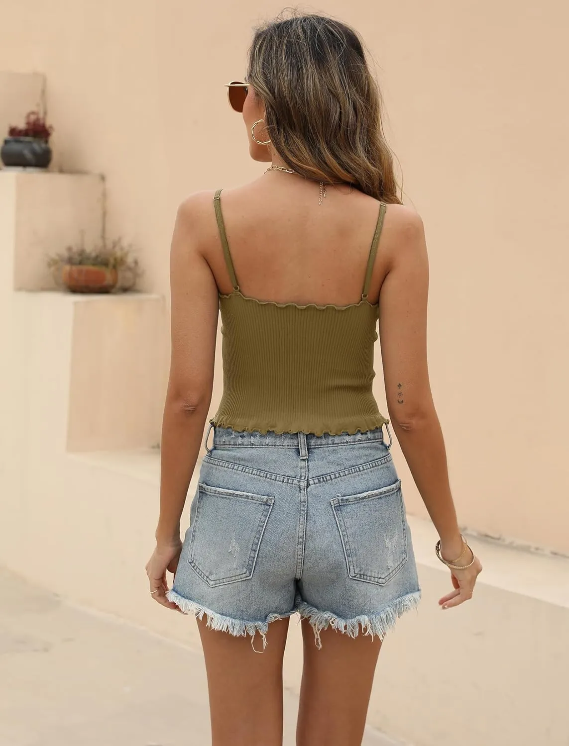 Carpetcom Women Camisole Seamless Adjustable Spaghetti Strap V Neck Ribbed Tank Crop Tops Backless Ruffle Sleeveless Cami