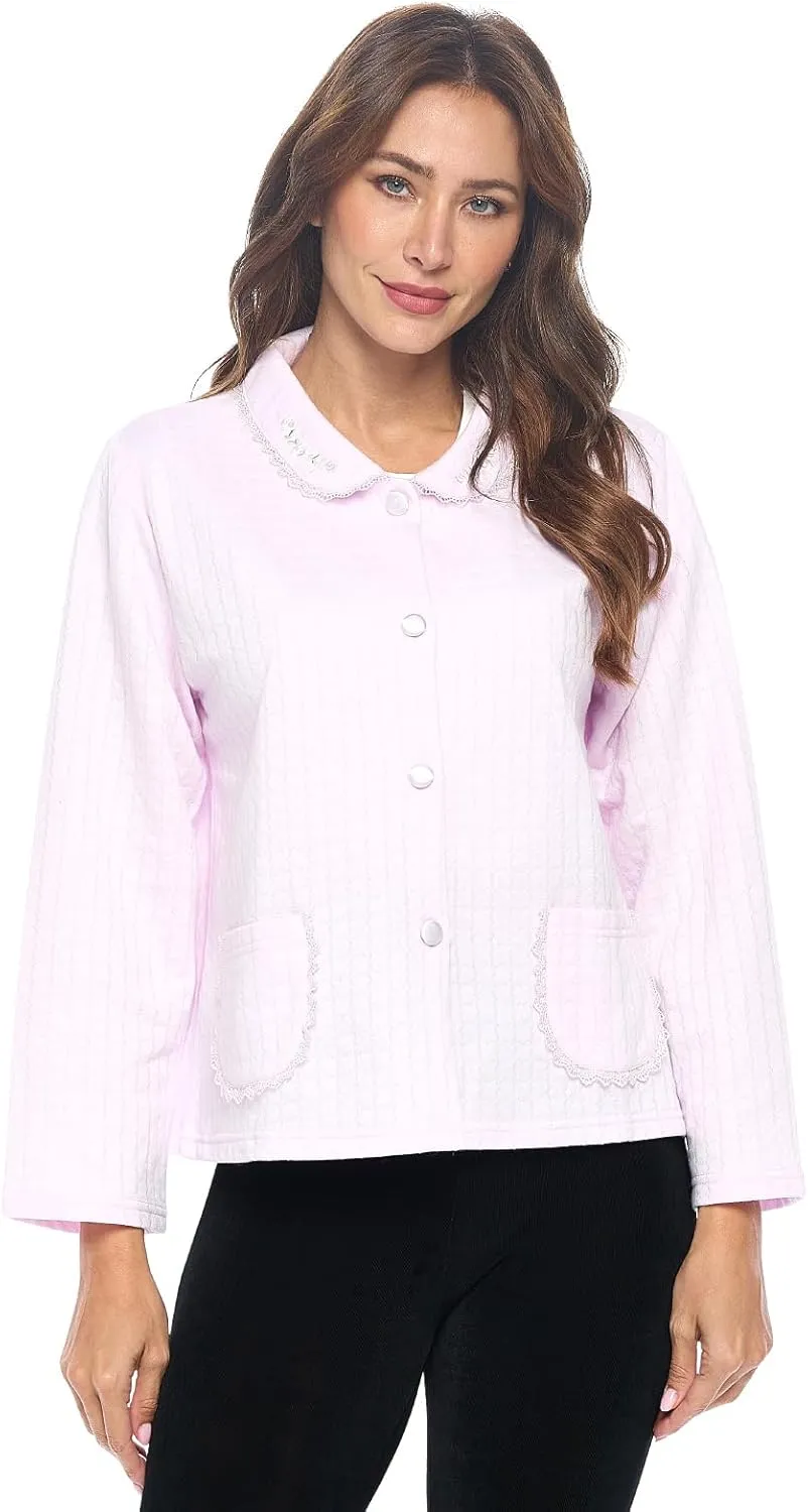 Casual Nights Women's Soft Bed Jacket, Button Front Long Sleeve Sleep Top with Pockets