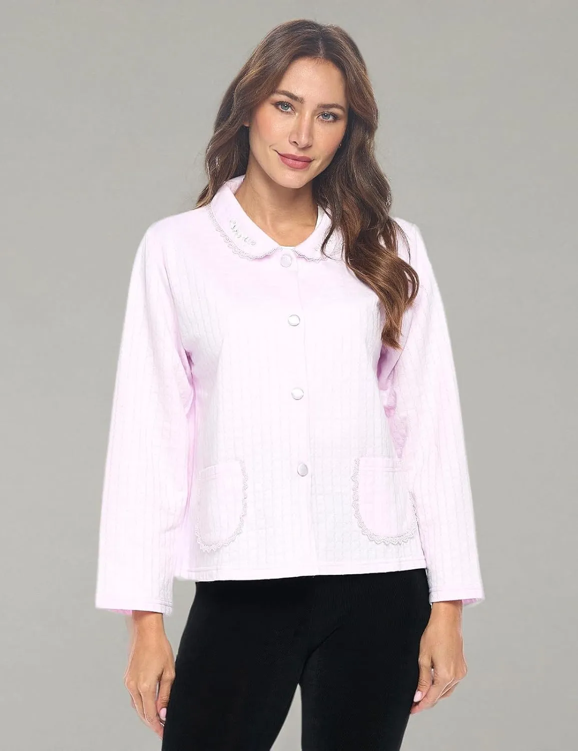 Casual Nights Women's Soft Bed Jacket, Button Front Long Sleeve Sleep Top with Pockets