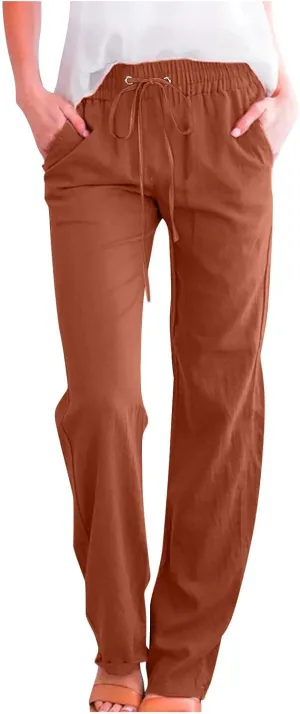 Ceboyel Women's Cotton Linen Pants Drawstring Causal Summer Pants Elastic Waist Trousers Trendy Baggy Laides Outfits 2023