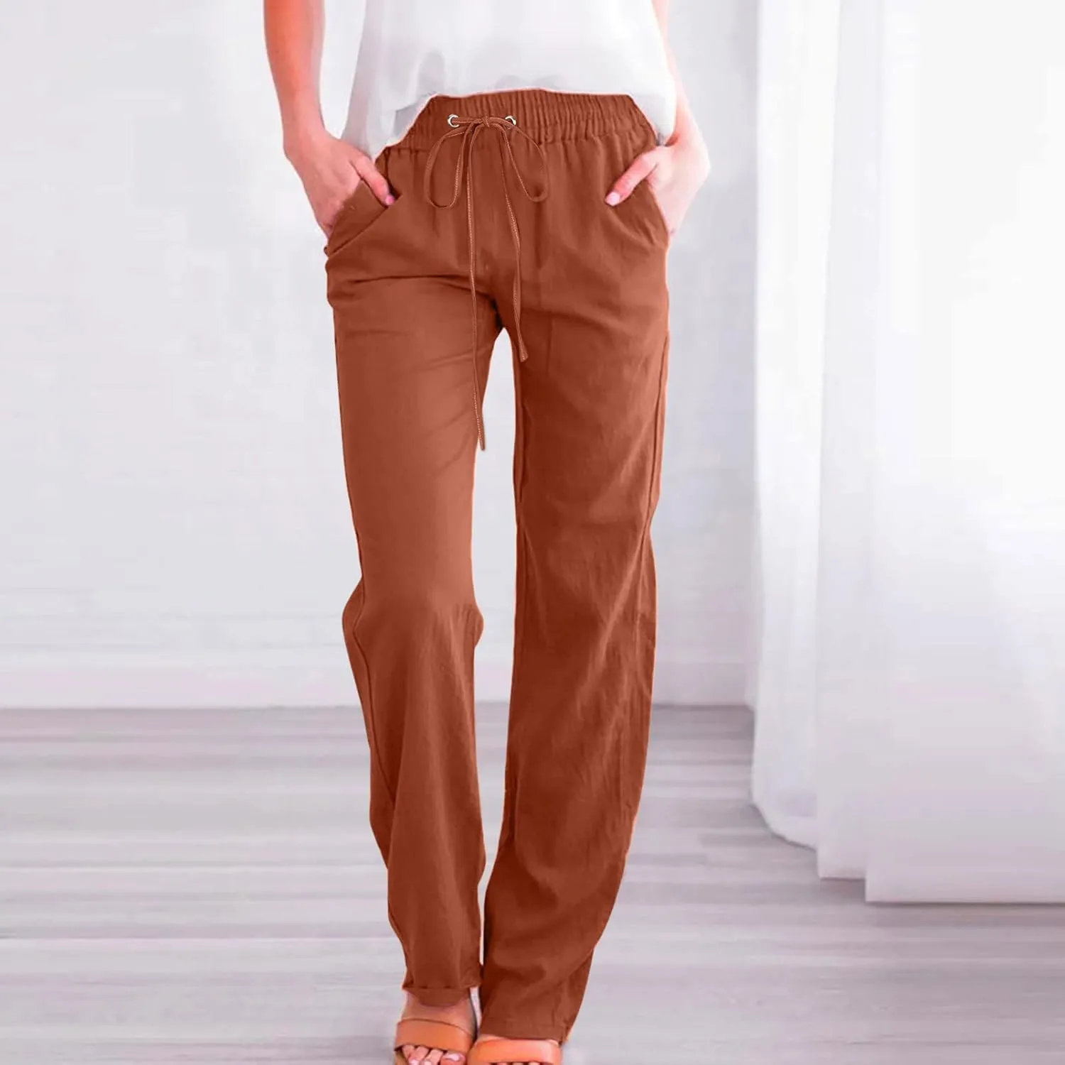Ceboyel Women's Cotton Linen Pants Drawstring Causal Summer Pants Elastic Waist Trousers Trendy Baggy Laides Outfits 2023