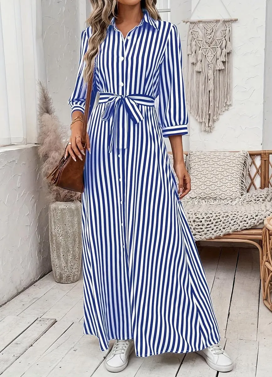 chouyatou Women's Casual 3/4 Sleeve Striped Shirt Dress Button Down Swing Flowy Maxi Beach Dress with Belt