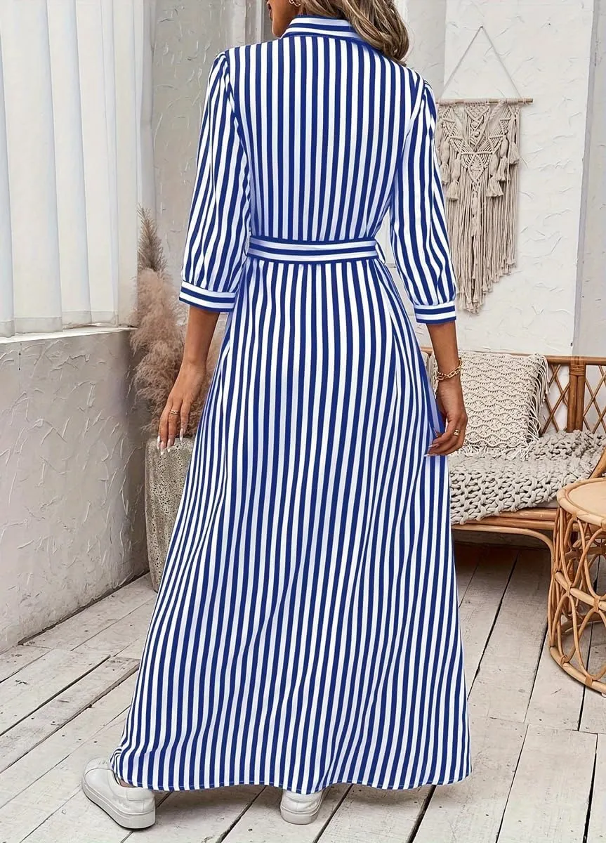 chouyatou Women's Casual 3/4 Sleeve Striped Shirt Dress Button Down Swing Flowy Maxi Beach Dress with Belt