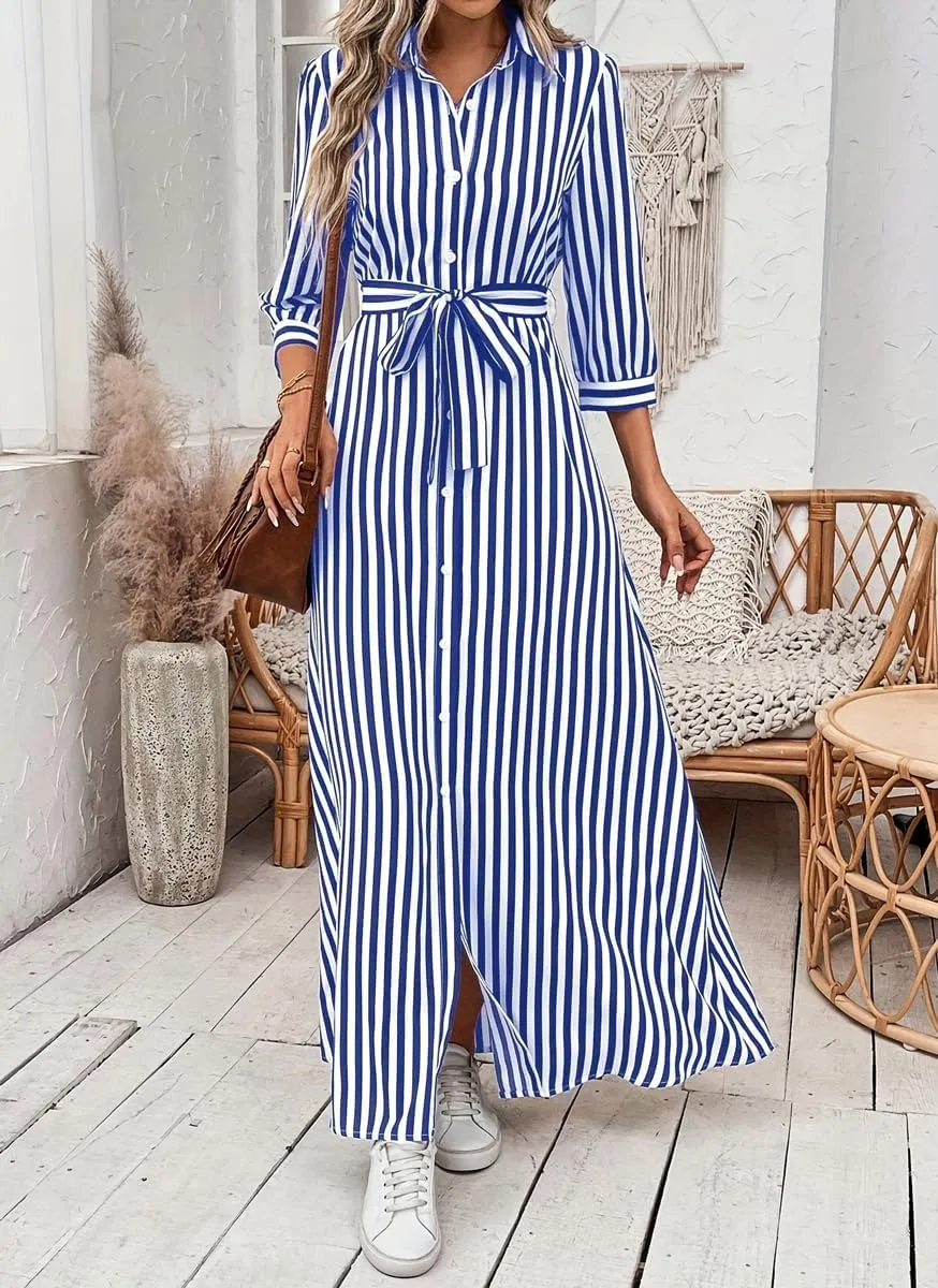 chouyatou Women's Casual 3/4 Sleeve Striped Shirt Dress Button Down Swing Flowy Maxi Beach Dress with Belt