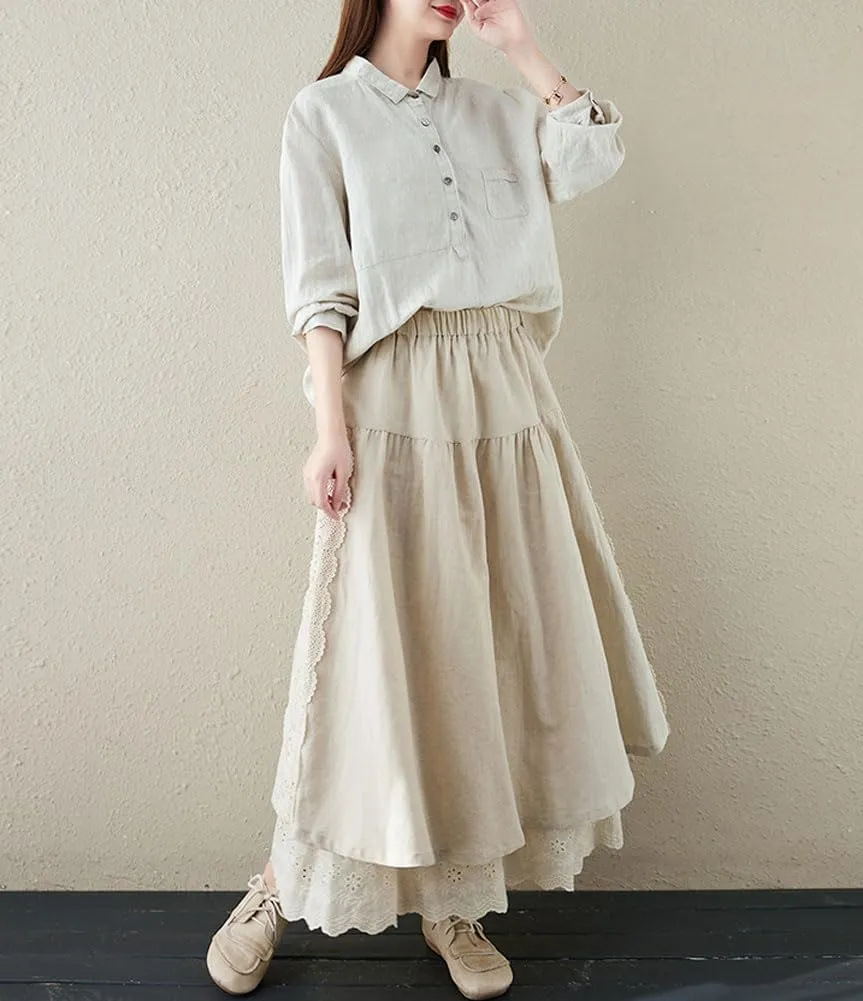 chouyatou Women's Cute Lace Eyelet Embroidery Boho Skirt Elastic Waist Pleated Swing Midi Long Skirt
