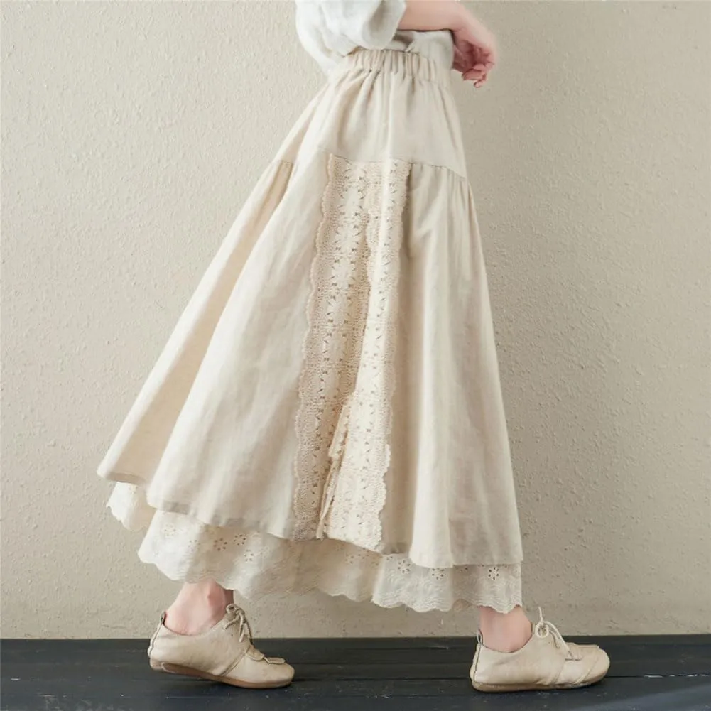 chouyatou Women's Cute Lace Eyelet Embroidery Boho Skirt Elastic Waist Pleated Swing Midi Long Skirt
