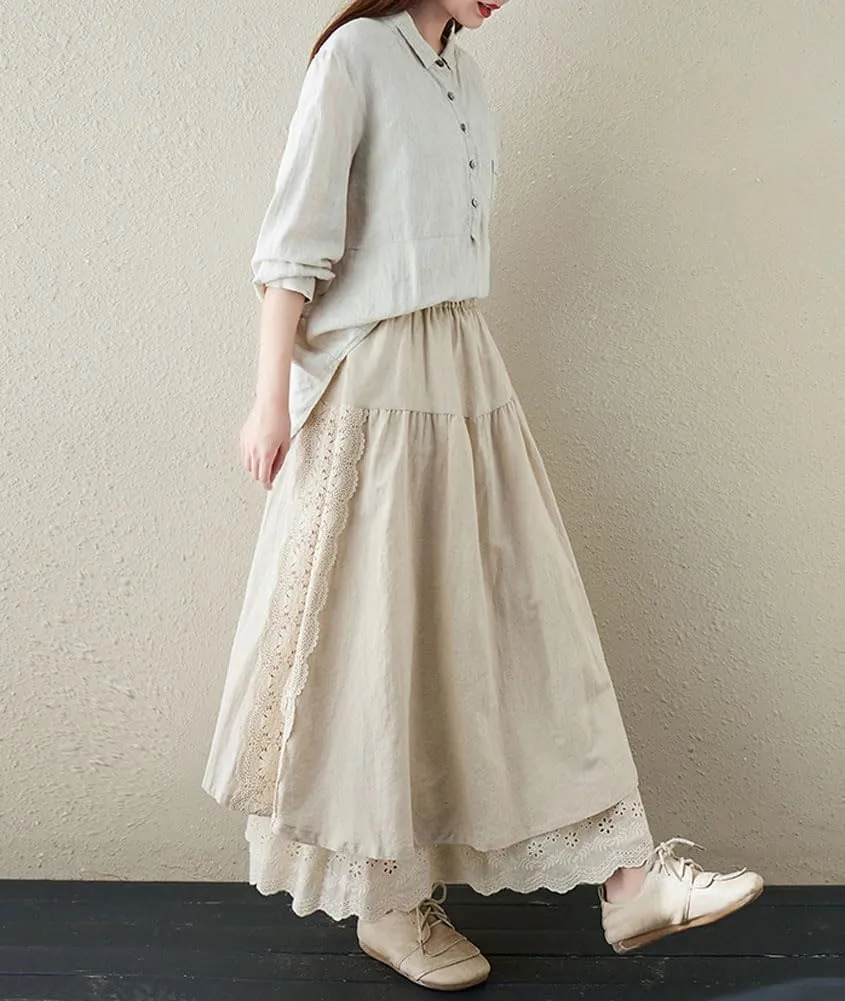 chouyatou Women's Cute Lace Eyelet Embroidery Boho Skirt Elastic Waist Pleated Swing Midi Long Skirt