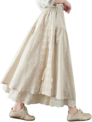 chouyatou Women's Cute Lace Eyelet Embroidery Boho Skirt Elastic Waist Pleated Swing Midi Long Skirt