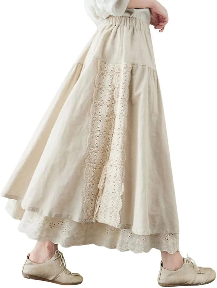 chouyatou Women's Cute Lace Eyelet Embroidery Boho Skirt Elastic Waist Pleated Swing Midi Long Skirt