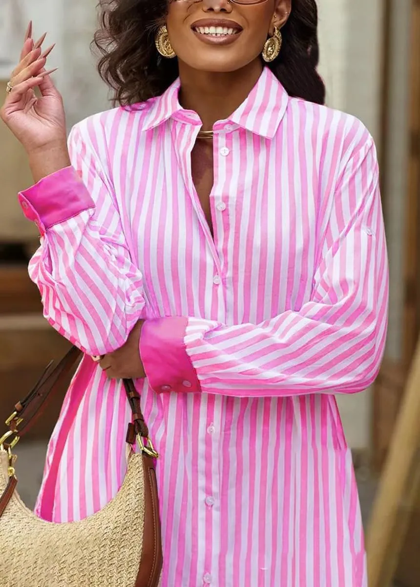 chouyatou Women's Long Sleeve Striped Shirt Dress Casual Button Down Midi Long Beach Dress with Belt