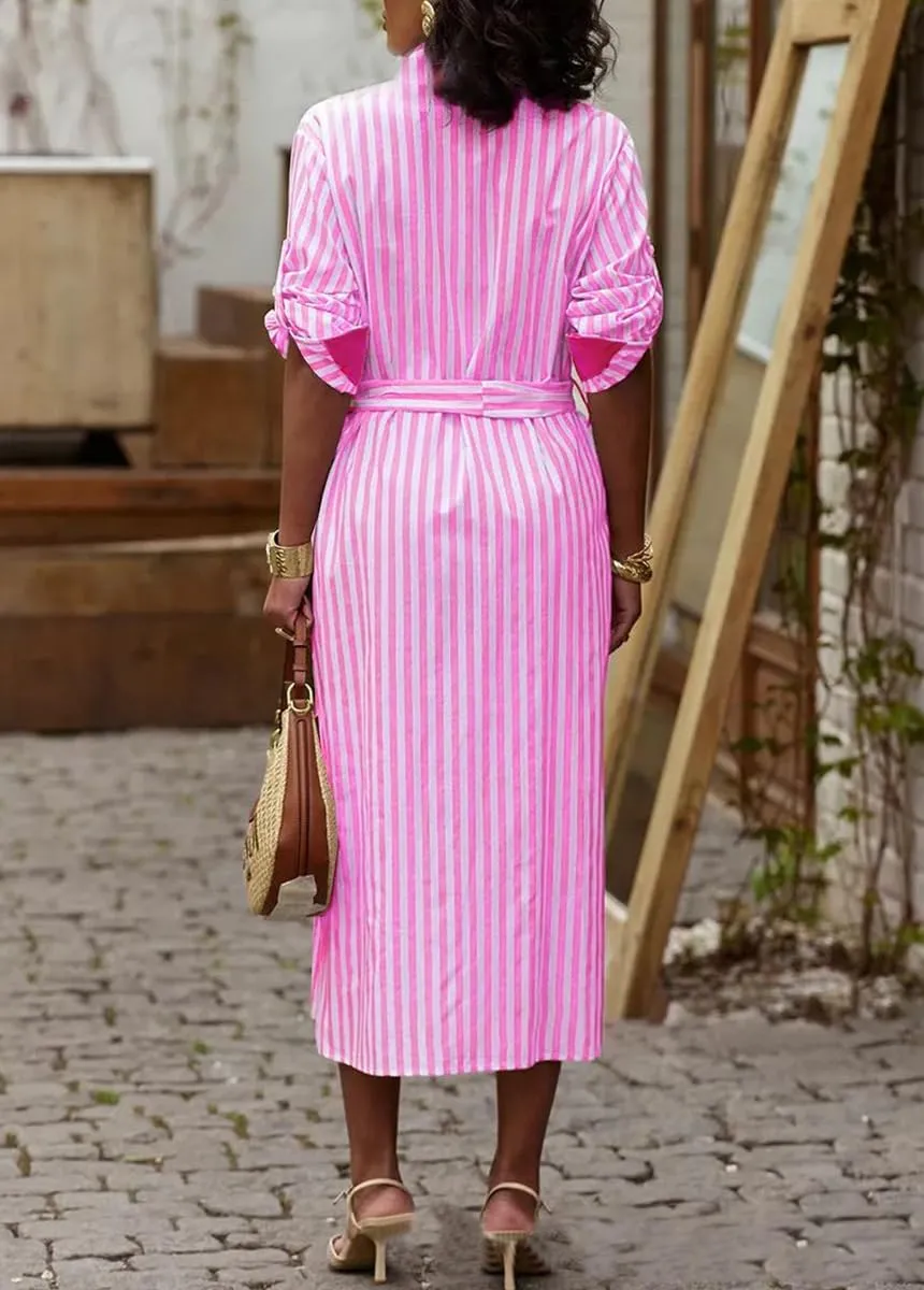 chouyatou Women's Long Sleeve Striped Shirt Dress Casual Button Down Midi Long Beach Dress with Belt