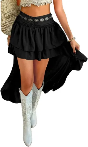 chouyatou Women's Sexy Y2k Irregular High Low Hem Skirt Boho Flowy Tiered Ruffle Long Skirt