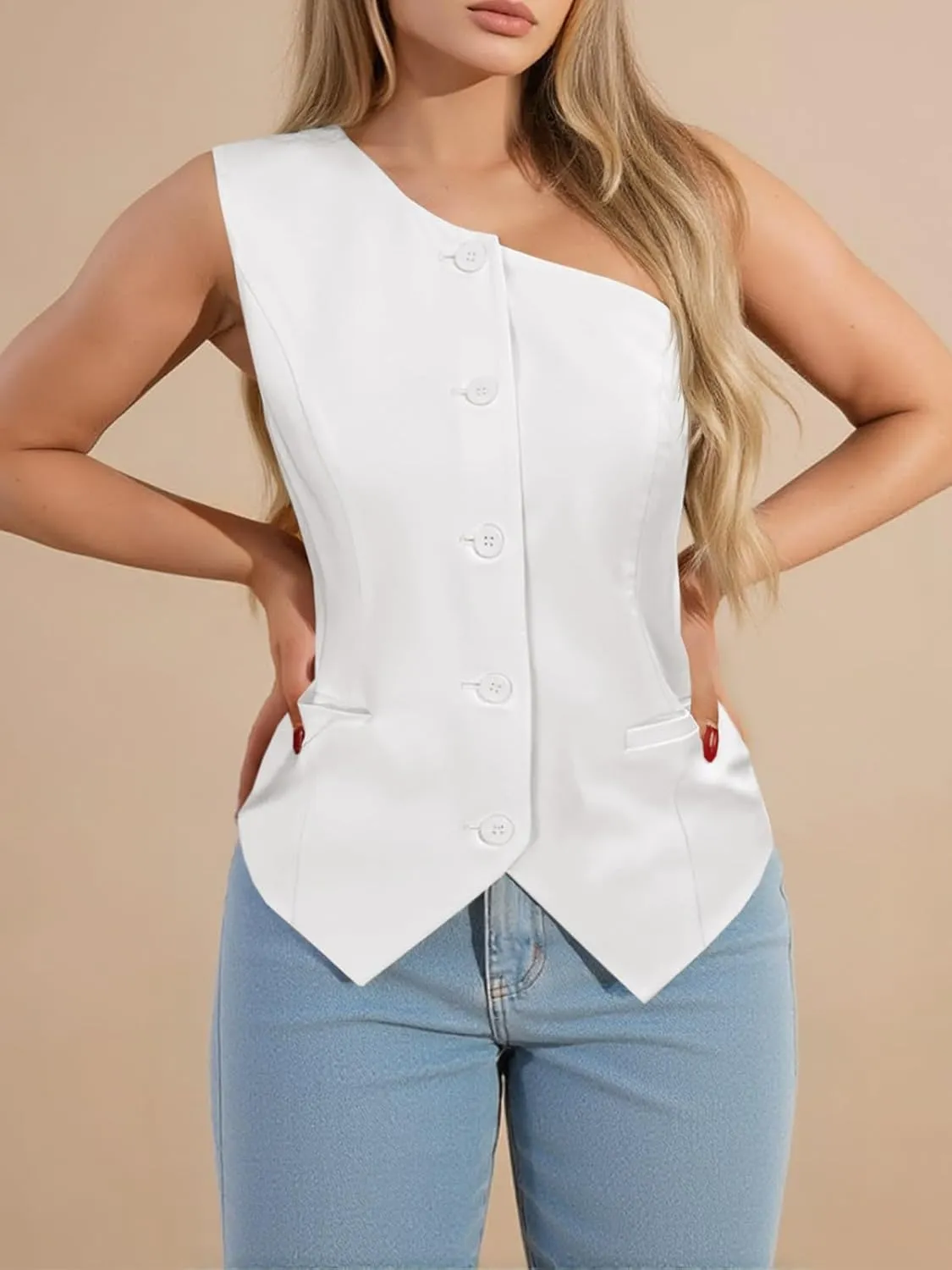 Cicy Bell Womens One Shoulder Blazer Vest Summer Fitted Button Down Waistcoat Trendy Work Sleeveless Suit Tops