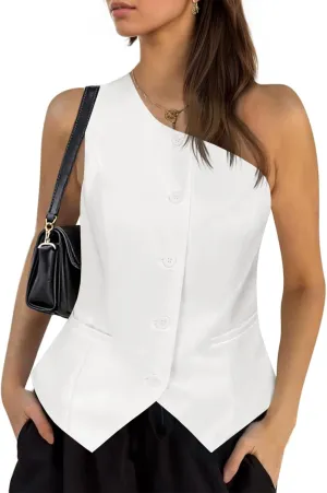 Cicy Bell Womens One Shoulder Blazer Vest Summer Fitted Button Down Waistcoat Trendy Work Sleeveless Suit Tops