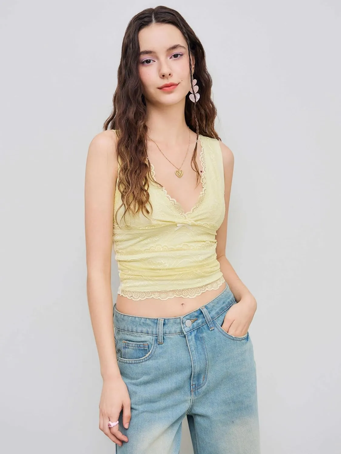 CIDER Lace Crop Tank Tops for Women Summer V Neck Sleeveless Going Out Tops Ruched Sexy Tee Trendy T Shirts Casual