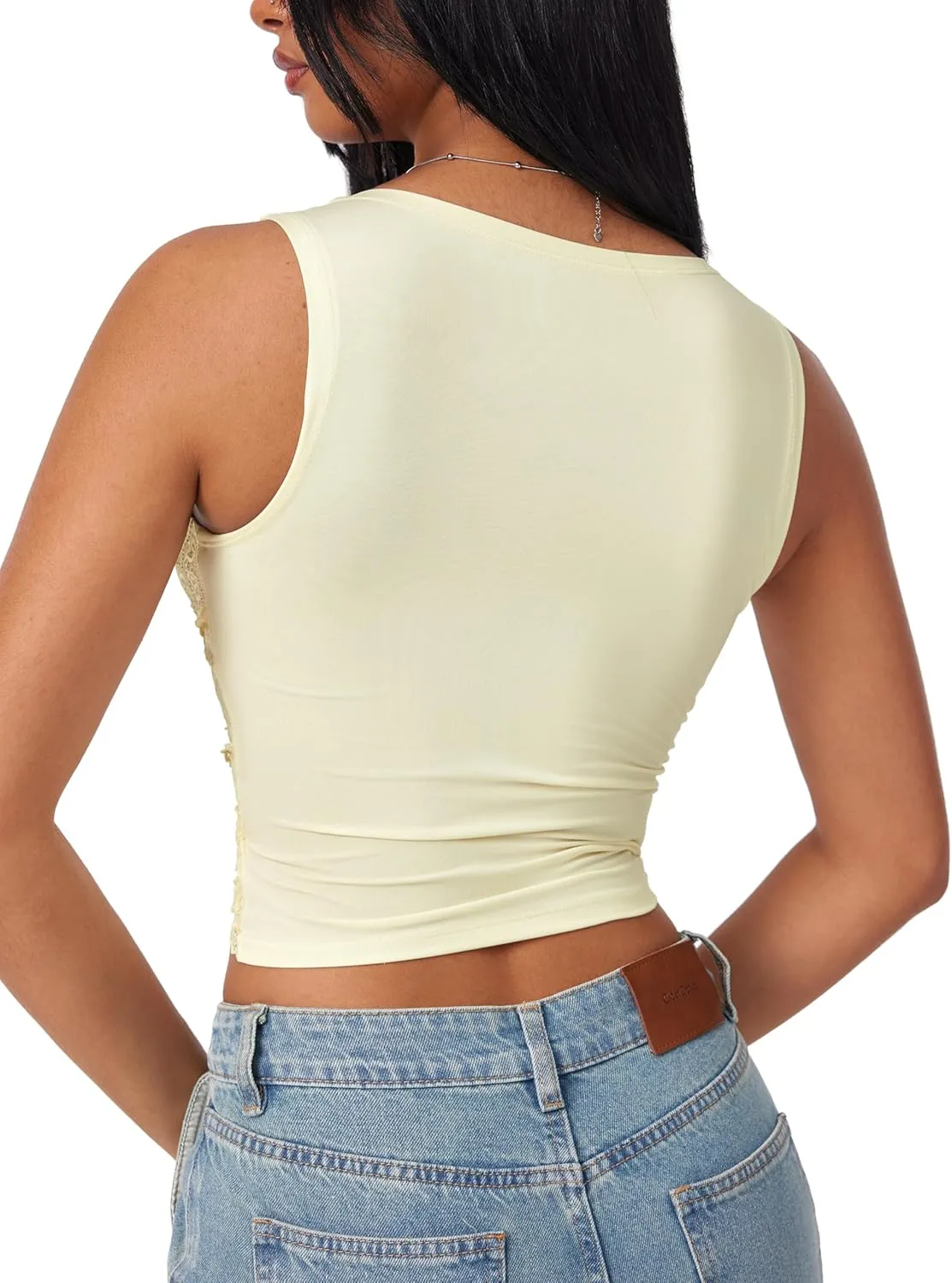 CIDER Lace Crop Tank Tops for Women Summer V Neck Sleeveless Going Out Tops Ruched Sexy Tee Trendy T Shirts Casual