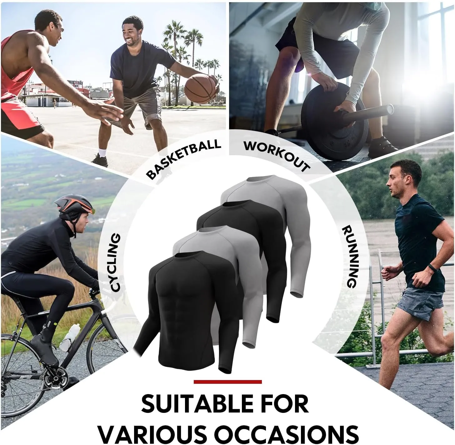 CL convallaria 4 Pack Compression Shirt Men Long Short Sleeve Cooling Dry Rash Guard Athletic T Shirt for Sports