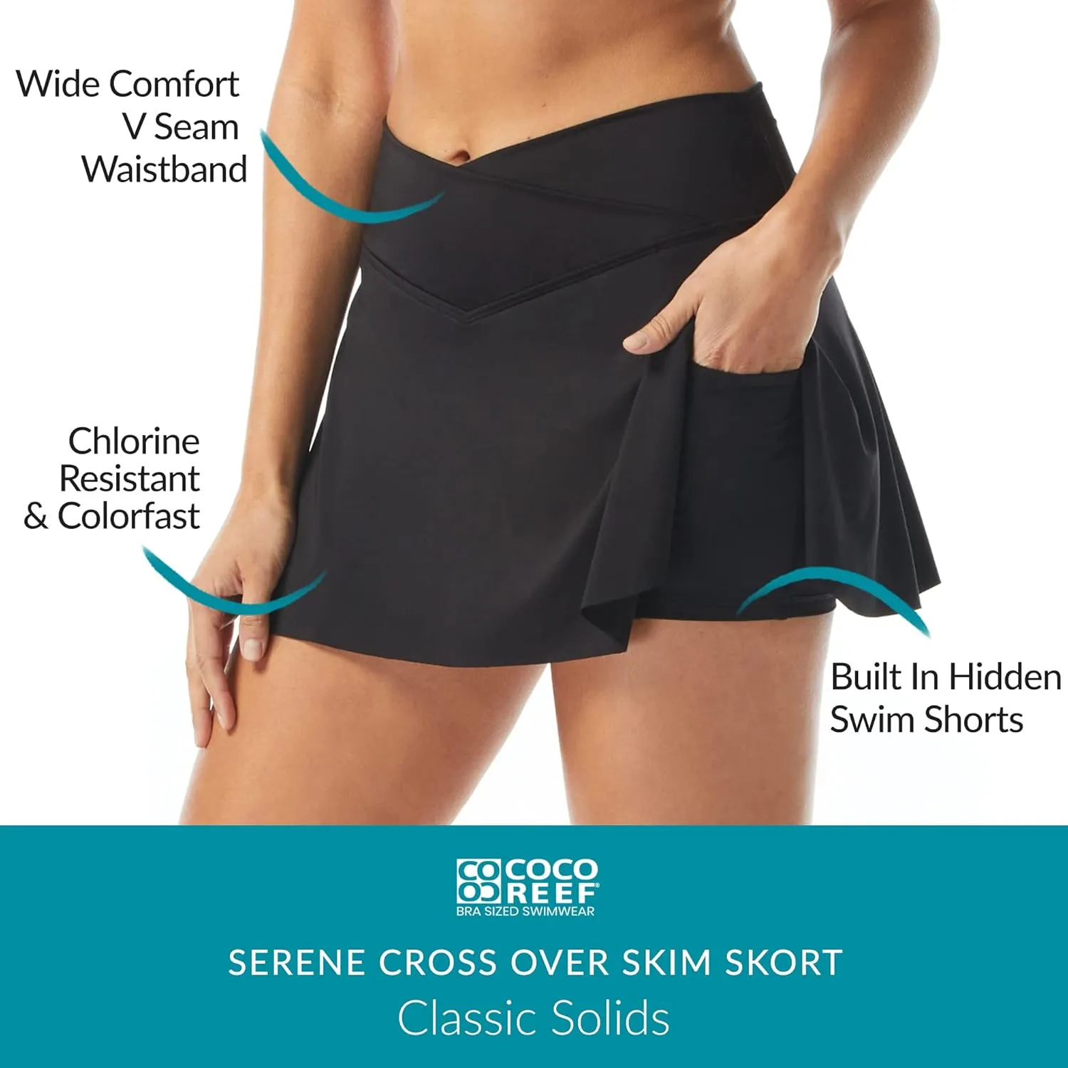 COCO REEF Serene Cross Over Swim Skort Wide V Seam Waistband Skirt with Shorts
