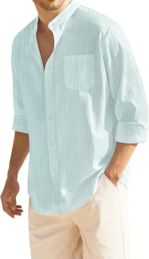 COOFANDY Men's Casual Cotton Linen Button Down Shirts Band Collar Long Sleeve Shirt Beach Summer Shirt with Pocket