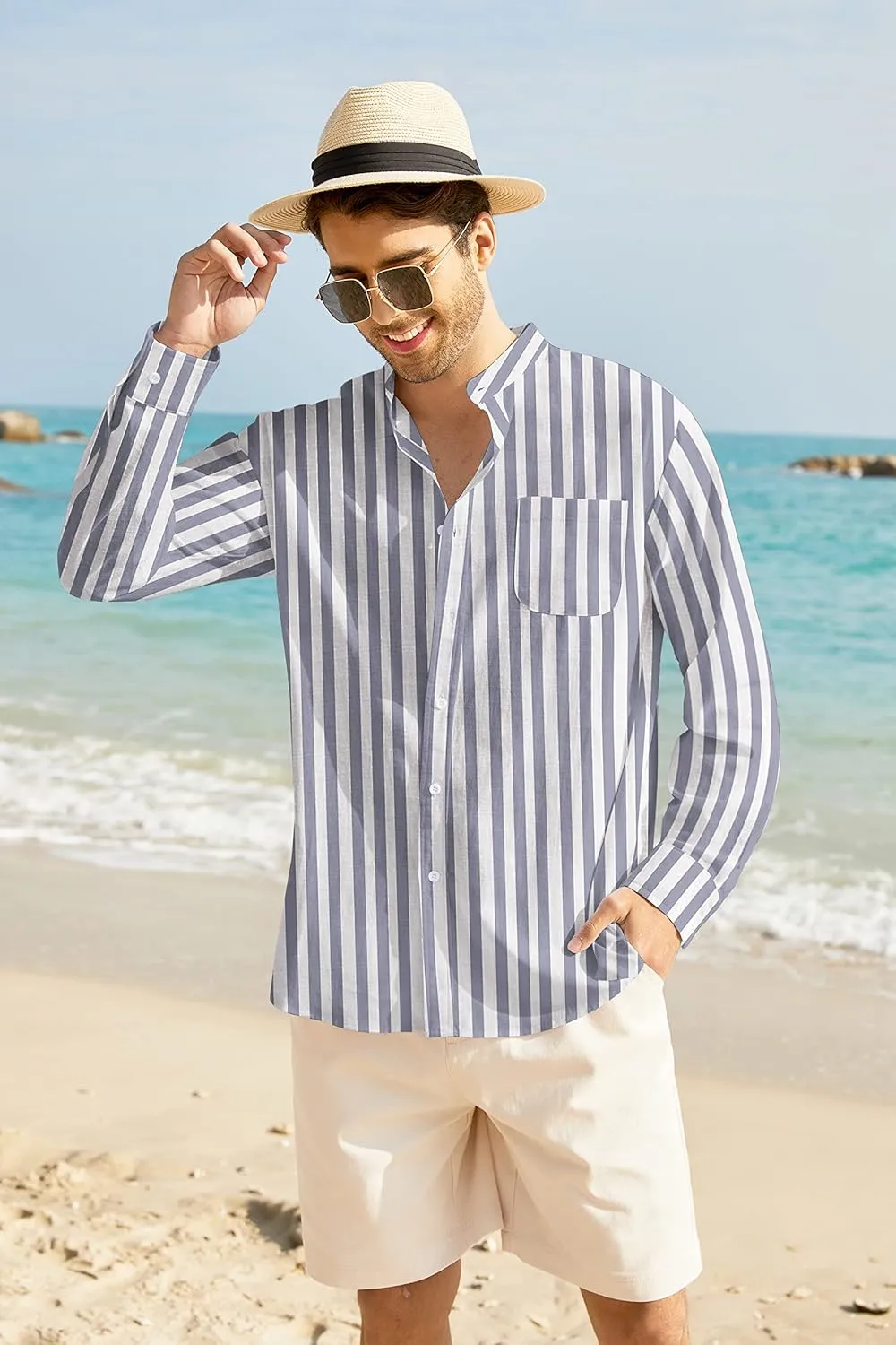 COOFANDY Men's Casual Cotton Linen Button Down Shirts Band Collar Long Sleeve Shirt Beach Summer Shirt with Pocket