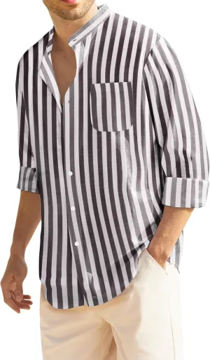 COOFANDY Men's Casual Cotton Linen Button Down Shirts Band Collar Long Sleeve Shirt Beach Summer Shirt with Pocket