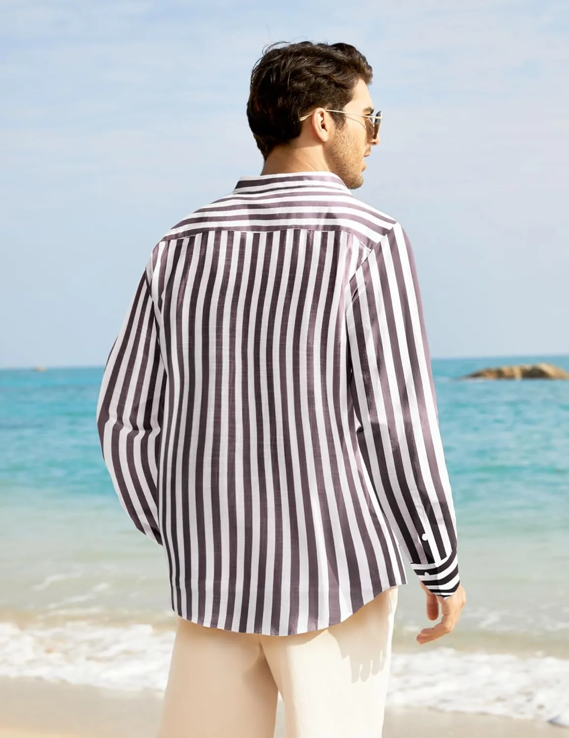 COOFANDY Men's Casual Cotton Linen Button Down Shirts Band Collar Long Sleeve Shirt Beach Summer Shirt with Pocket