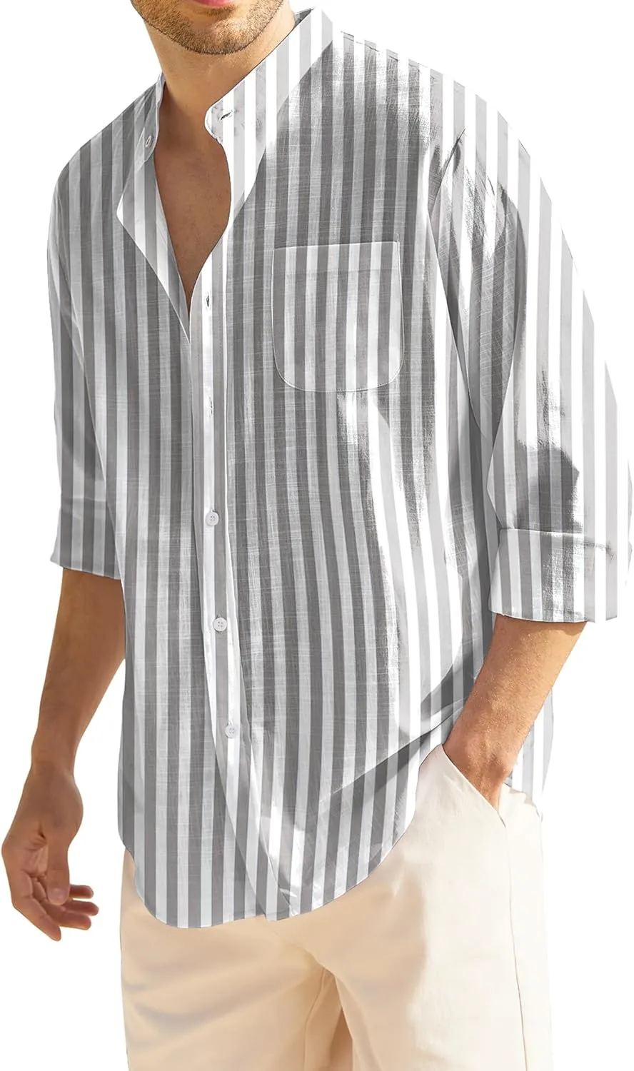 COOFANDY Men's Casual Cotton Linen Button Down Shirts Band Collar Long Sleeve Shirt Beach Summer Shirt with Pocket