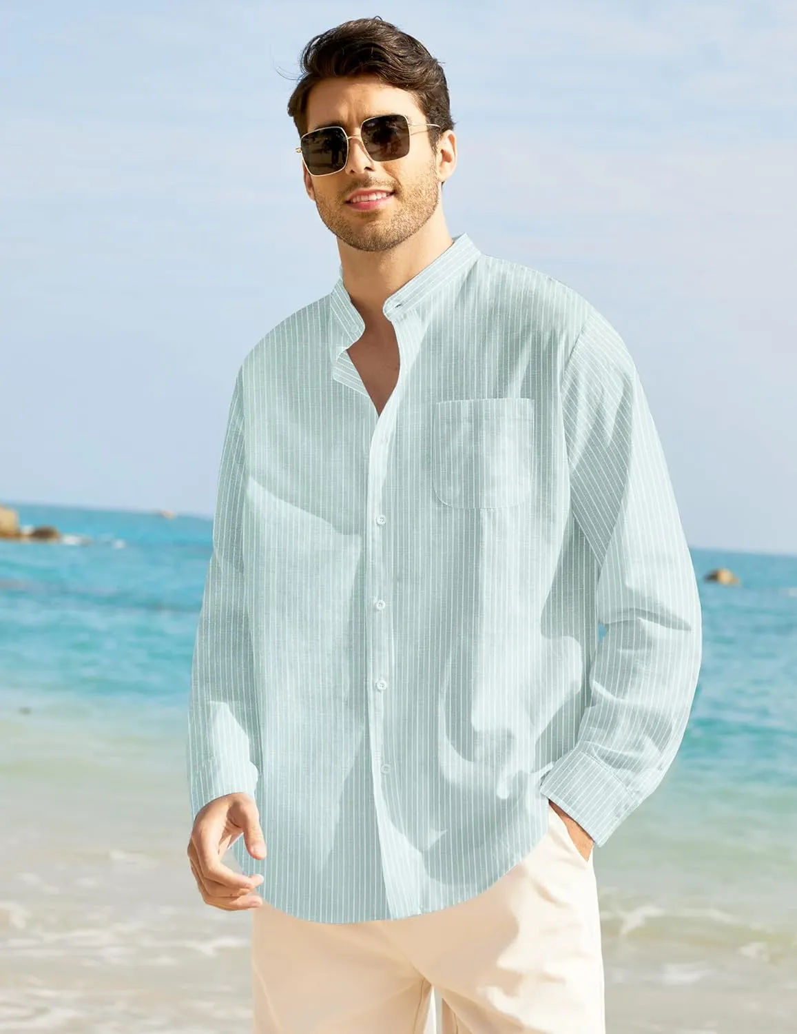 COOFANDY Men's Casual Cotton Linen Button Down Shirts Band Collar Long Sleeve Shirt Beach Summer Shirt with Pocket