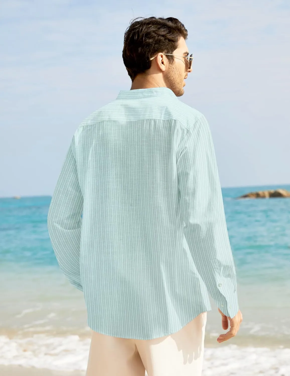 COOFANDY Men's Casual Cotton Linen Button Down Shirts Band Collar Long Sleeve Shirt Beach Summer Shirt with Pocket