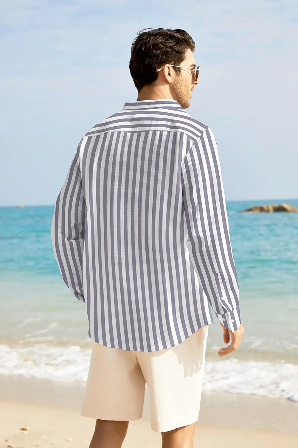 COOFANDY Men's Casual Cotton Linen Button Down Shirts Band Collar Long Sleeve Shirt Beach Summer Shirt with Pocket