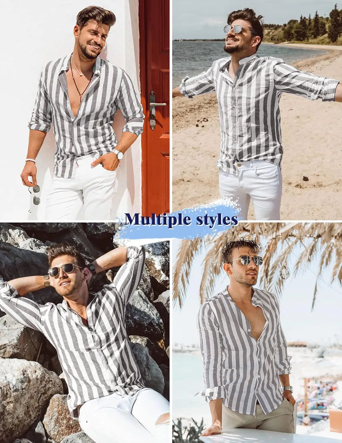 COOFANDY Men's Casual Cotton Linen Button Down Shirts Band Collar Long Sleeve Shirt Beach Summer Shirt with Pocket