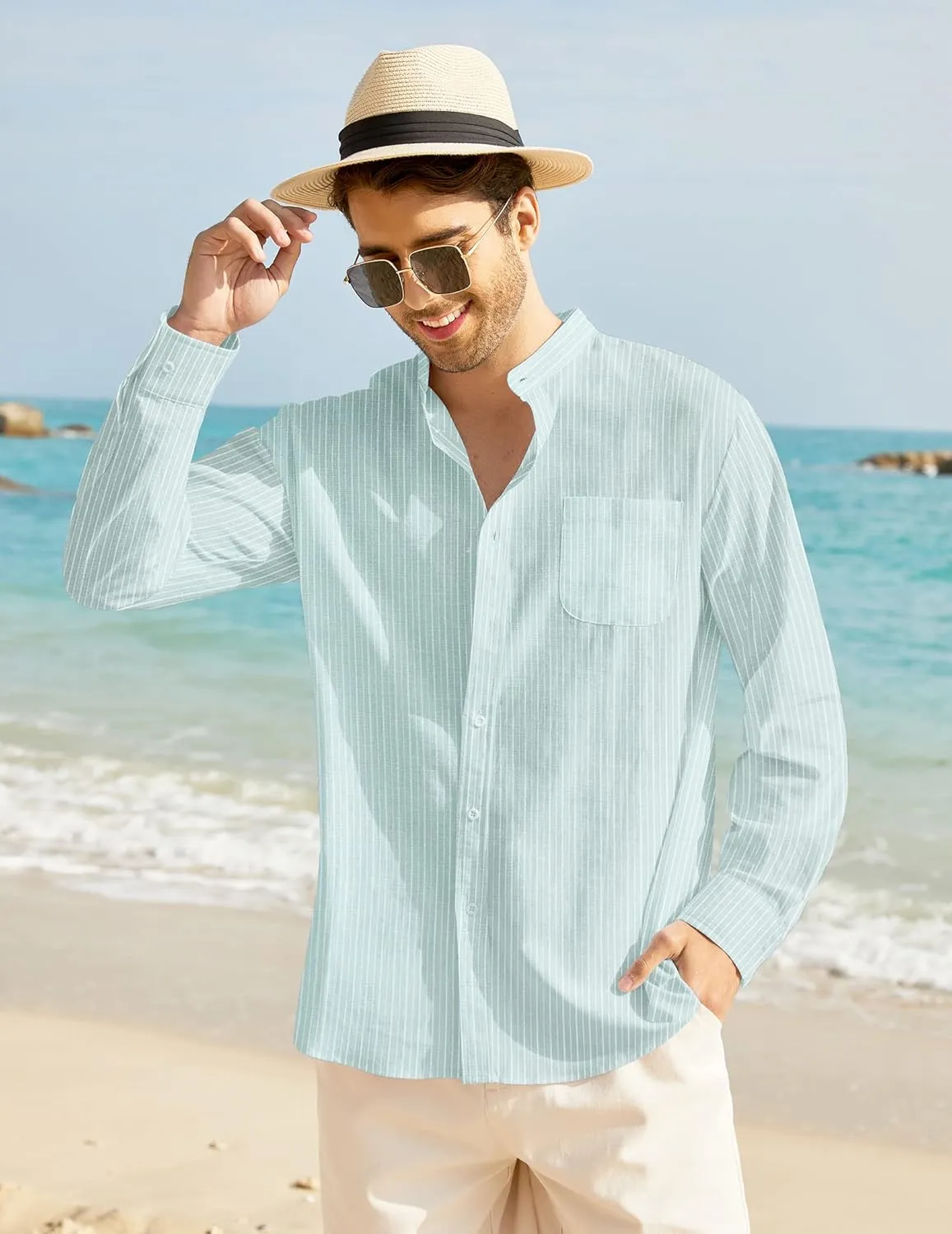 COOFANDY Men's Casual Cotton Linen Button Down Shirts Band Collar Long Sleeve Shirt Beach Summer Shirt with Pocket