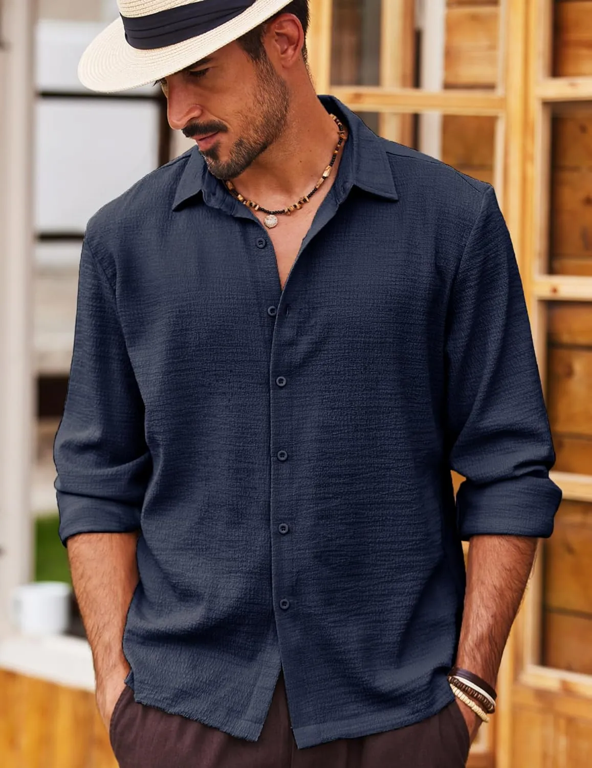 COOFANDY Men's Casual Long Sleeve Button Down Shirt Textured Wrinkle-Free Untucked Shirts
